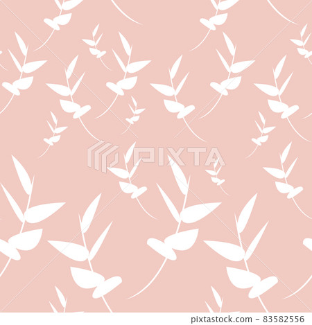 Scattered leaves seamless texture background. Simple summer vector pattern with pastel tree branches on a pink background. Light neutral backdrop and paper design. 83582556