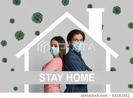 Confident Couple In Medical Masks Standing Back To Back, Collage Confident Couple In Medical Masks Standing Back To Back, Collage 83582932