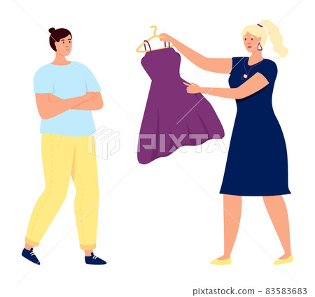 Women choosing dress. People buying clothes in trendy modern style Women choosing dress. People buying clothes in trendy modern style 83583683