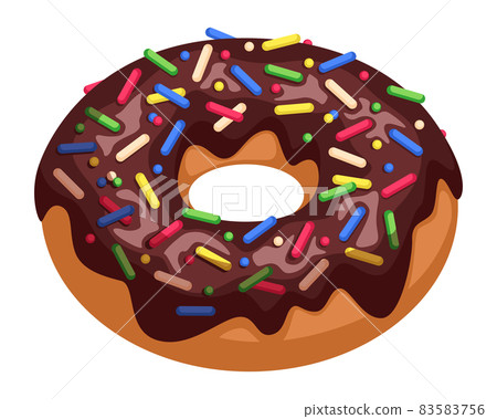Cartoon donut with chocolate icing and sprinkles. Glazed pastry Cartoon donut with chocolate icing and sprinkles. Glazed pastry 83583756