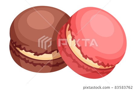 Macarons in cartoon style. Pink and chocolate french almond dessert Macarons in cartoon style. Pink and chocolate french almond dessert 83583762