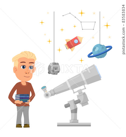 Boy studying astronomy. Kid with telescope and star models Boy studying astronomy. Kid with telescope and star models 83583834