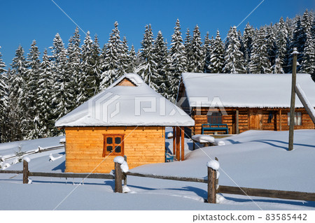 Small wooden house covered with fresh fallen snow surrounded with tall pine trees in winter mountains. Small wooden house covered with fresh fallen snow surrounded with tall pine trees in winter mountains. 83585442