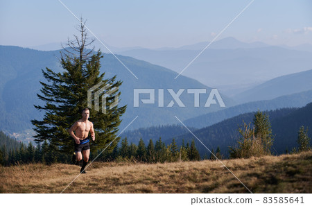 Young sportsman with naked sports torso running on grassy meadow on background of mountain panorama. Professional trail runner jogging in mountains. 83585641