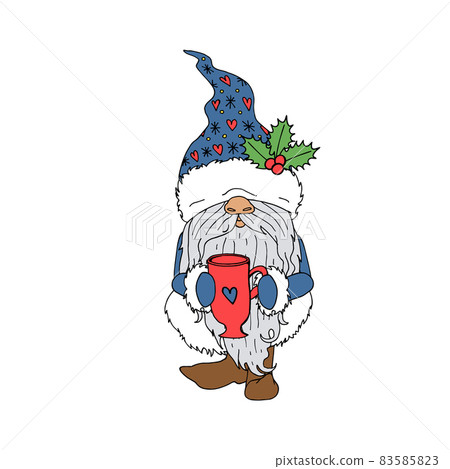 Cute line art cartoon gnome with tea cup. 83585823