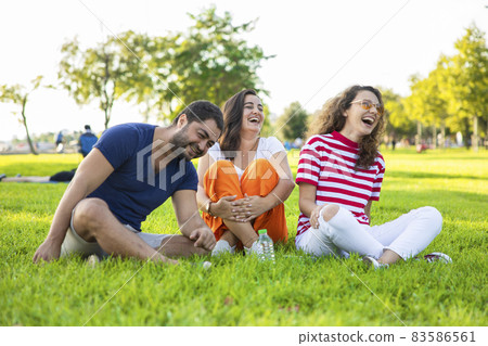 Three friends sitting on the grass in the park Three friends sitting on the grass in the park 83586561