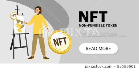 NFT Non-fungible token on golden coin icon. The artist at the virtual painting. Website page template. Flat vector illustration. NFT Non-fungible token on golden coin icon. The artist at the virtual painting. Website page template. Flat vector illustration. 83586601