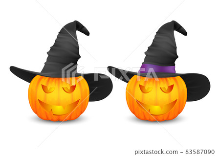 Vector Glossy Cartoon Halloween Pumkin Lantern with Funny Face and Witch Hat Icon Set Closeup Isolated on White. Front View. Design Template of Realistic Pumkin. Autumn Holidays, Halloween Concept 83587090