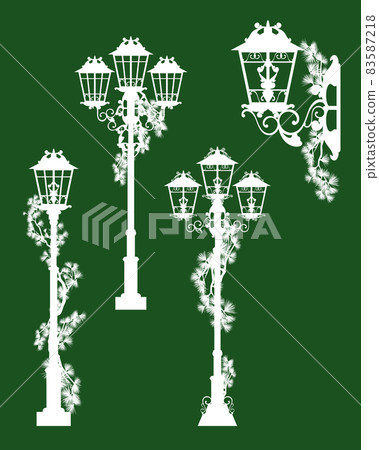 pine tree branches and street light winter season vector silhouette design set pine tree branches and street light winter season vector silhouette design set 83587218