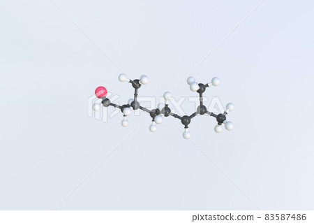 Molecule of citronellal, isolated molecular model. 3D rendering Molecule of citronellal, isolated molecular model. 3D rendering 83587486