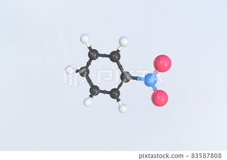 Nitrobenzene molecule, isolated molecular model. 3D rendering Nitrobenzene molecule, isolated molecular model. 3D rendering 83587808
