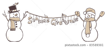 Two snowmen with the words Season's Greetings drawn with a brush and painted in two colors 83589381