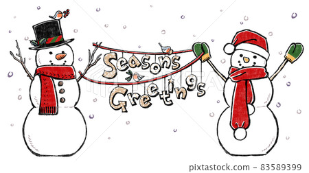Two snowmen print styles that hang the letters Season's Greetings against the backdrop of falling snow Two snowmen print styles that hang the letters Season's Greetings against the backdrop of falling snow 83589399