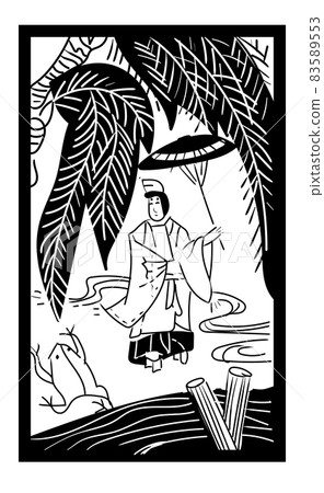 Hanafuda illustration monochrome black and white line drawing single rose | November Yanagi ono no Michikaze | Japanese card game Hanafuda illustration monochrome black and white line drawing single rose | November Yanagi ono no Michikaze | Japanese card game 83589553