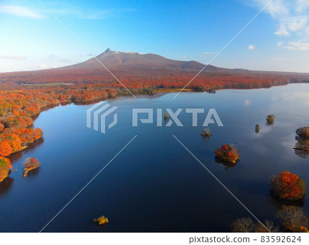 秋季鳥瞰北海道七飯町大沼大沼公園的秋葉 秋季鳥瞰北海道七飯町大沼大沼公園的秋葉 83592624