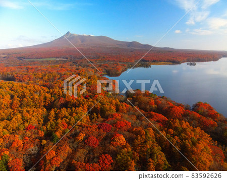 Aerial view of the autumn leaves of Onuma Park in Onuma, Nanae-cho, Hokkaido in autumn 83592626