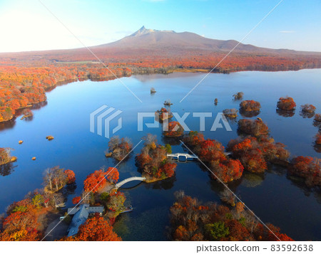 秋季鳥瞰北海道七飯町大沼大沼公園的秋葉 83592638