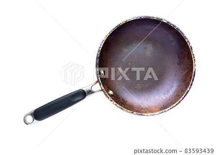 Top view of an old non stick fry pan Top view of an old non stick fry pan 83593439