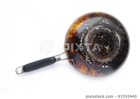 Back view of an old non stick fry pan Back view of an old non stick fry pan 83593440