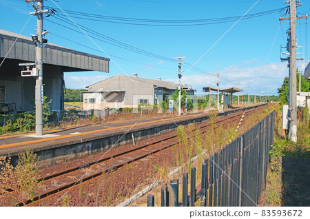 山口縣下關市JR西黑村站月台和鐵軌 山口縣下關市JR西黑村站月台和鐵軌 83593672