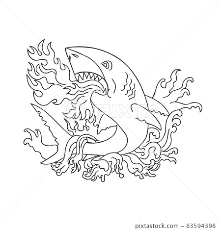 Shark Breathing Fire Jumping Up with Waves Vintage Tattoo Style Black and White 83594398
