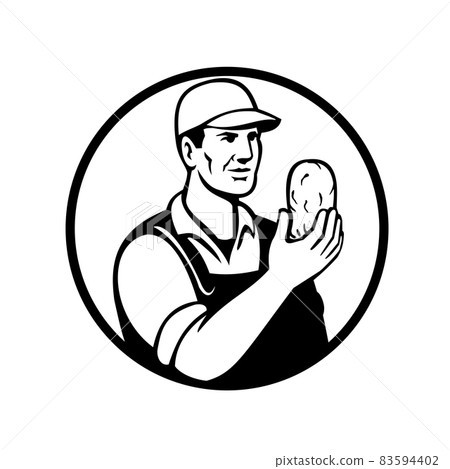 Organic Farmer or Potato Grower Holding Up Potato Set Inside Circle  Mascot Black and White Retro Style 83594402