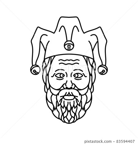 Head of Cross Eyed Old Court Jester or Fool with Beard Mono Line Illustration Black and White 83594407