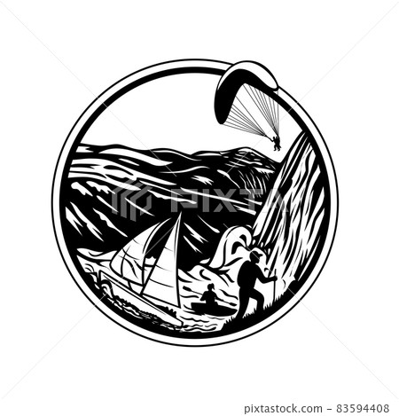 Norwegian Fjord Adventure Tourism with Sailing Paragliding Kayaking and Hiking Outdoors Retro Woodcut Style Black and White 83594408