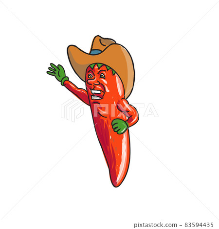 Jalapeno Pepper Wearing a Cowboy Hat and Waving Hello Vintage Tattoo Drawing 83594435