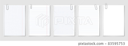 Realistic blank paper sheets in A4 format with metal clip, holder on gray background. Notebook page Realistic blank paper sheets in A4 format with metal clip, holder on gray background. Notebook page 83595753