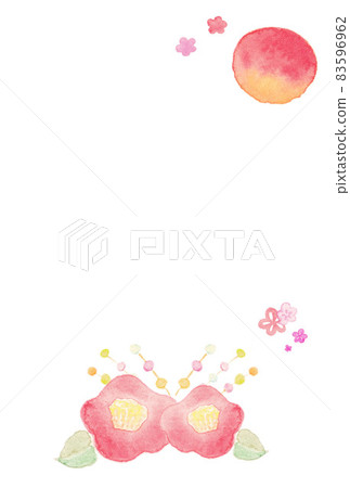 Illustration material: New Year's card 2023 template First sunrise on the right in a year-round camellia watercolor painting Vertical position 83596962