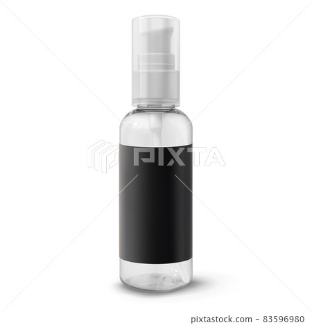 Transparent plastic cosmetic bottle with pump and black empty label vector illustration. Container for gel cleanser, lotion, facial cream. Travel format beauty product package 83596980