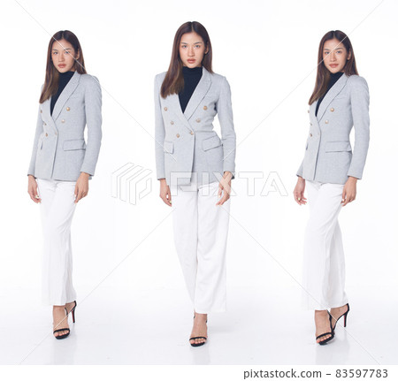 Collage Group Full length Figure snap of 20s Asian Woman brown hair business suit pant and high 83597783