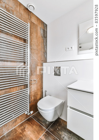 Design of contemporary restroom design with brown tiles 83597928