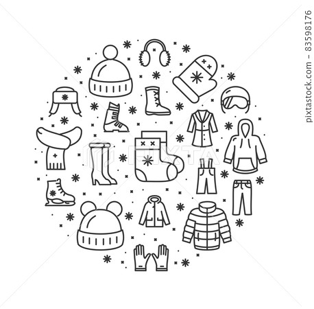 Winter Clothes Round Design Template Contour Lines Icon Concept. Vector Winter Clothes Round Design Template Contour Lines Icon Concept. Vector 83598176