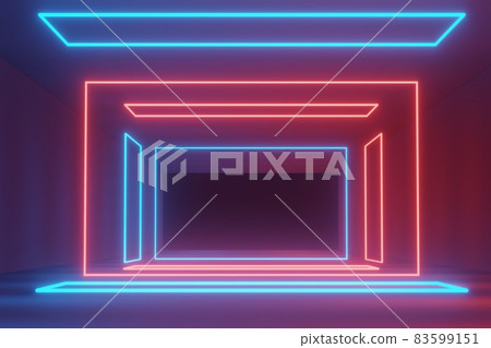 3d render of RGB neon light on darkness background. Abstract Laser lines show at night. Ultraviolet spectrum beam scene 83599151