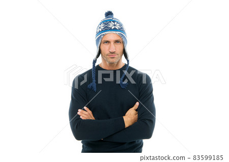 Confident and focused. Best wishes. Guy wear winter hat. 83599185