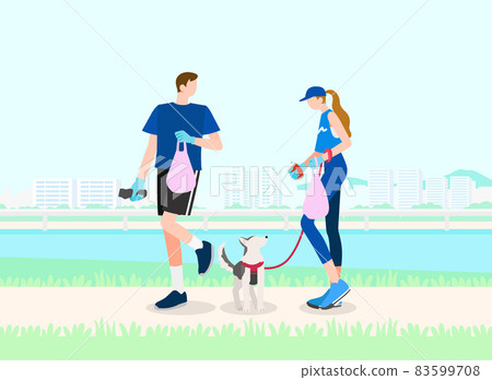 plogging in the park, woman picking up garbage while walking with dog plogging in the park, woman picking up garbage while walking with dog 83599708