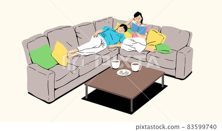 newlywed couple on sofa bed in the house newlywed couple on sofa bed in the house 83599740