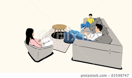 friends relaxing on sofa bed in the house friends relaxing on sofa bed in the house 83599747