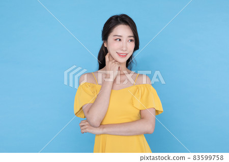 shopping event concept, beautiful Korean Asian woman holding neck shopping event concept, beautiful Korean Asian woman holding neck 83599758