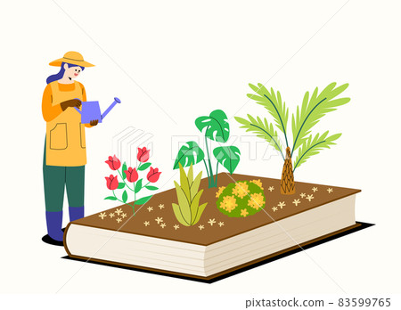 gardening book genre, gardner pouring water on flowers gardening book genre, gardner pouring water on flowers 83599765