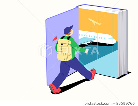 travel book genre, man on plane with backpack 83599766