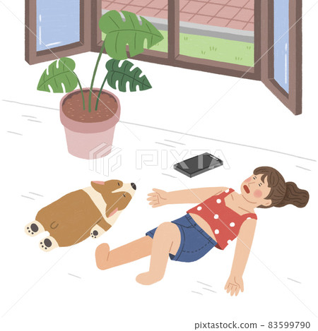 woman and pet dog lying on room floor, a day in summer 83599790