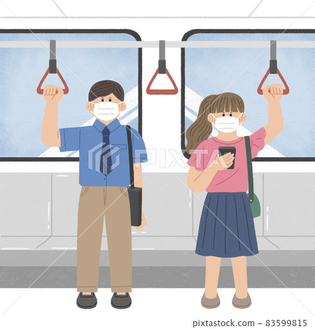 man and woman with mask on way to work by subway man and woman with mask on way to work by subway 83599815