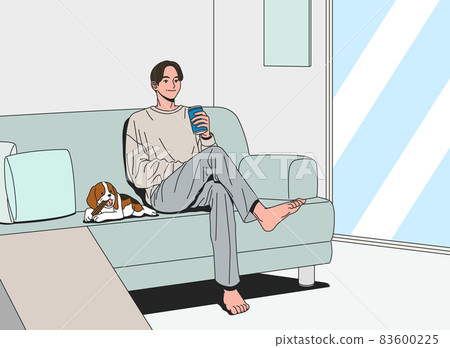 a day of middle aged single man, resting in sofa with dog a day of middle aged single man, resting in sofa with dog 83600225