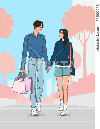 couple walking on a park promenade in autumn - Stock Illustration ...