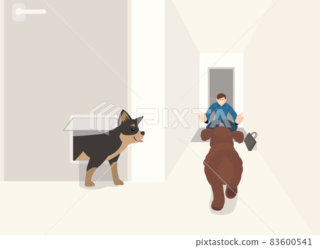 dogs coming out of the pet door and greeting man back from work, happy life with pet concept dogs coming out of the pet door and greeting man back from work, happy life with pet concept 83600541