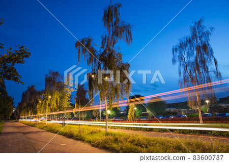 Trees and transport light trails in the evening street 83600787