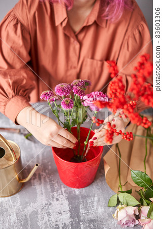 Step by step installation of flowers in a vase. Flowers bunch, set for home. Fresh cut flowers for decoration home. European floral shop. Delivery fresh cut flower. 83601306